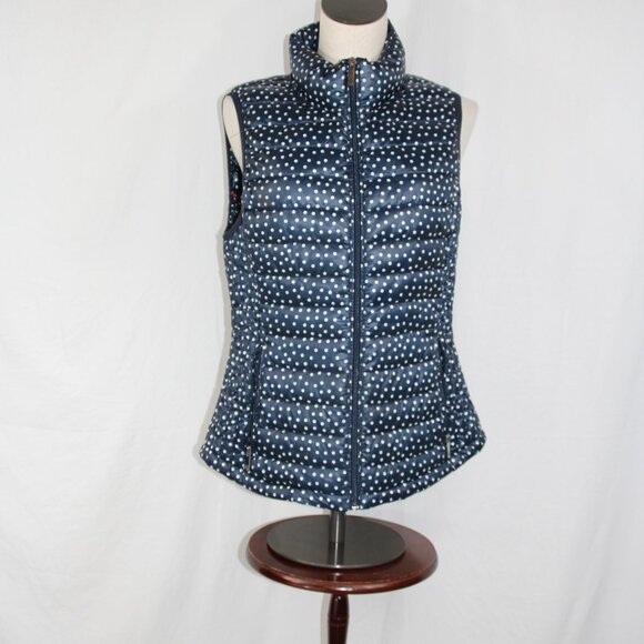 TOMMY HILFIGER Women's Polka Dots Puffer Vest Navy and White, Size M Lightweight - Picture 1 of 9